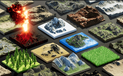 A group of different terrain tiles with one tile in the middle.