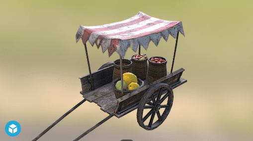 A cart with two baskets of fruit on it.