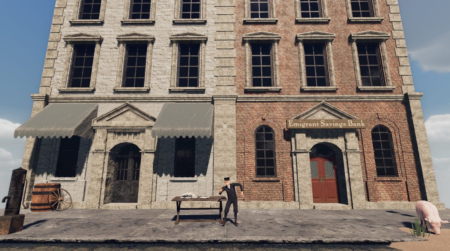 A man standing next to a bench in front of an old building.
