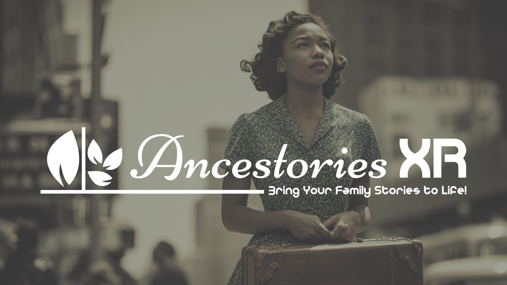 Woman with suitcase, Ancestories XR logo.