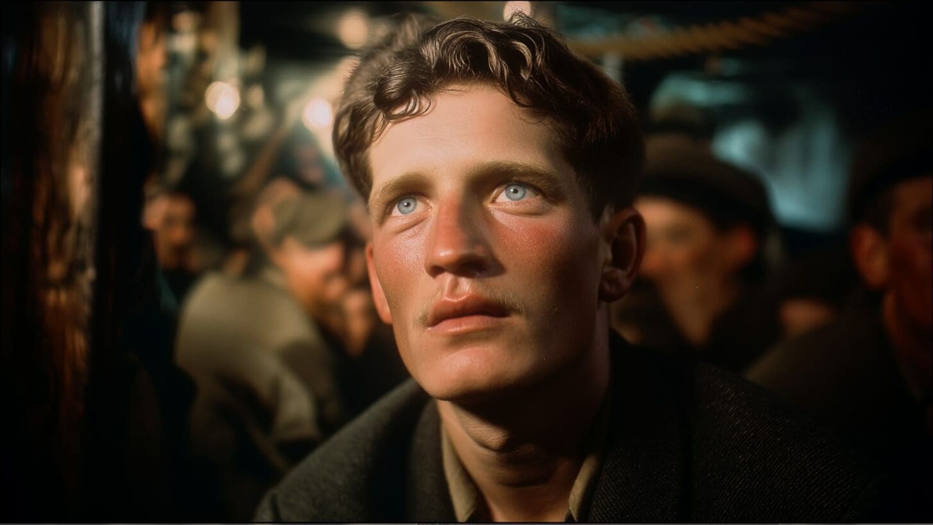 Young man looking upwards with focused expression.