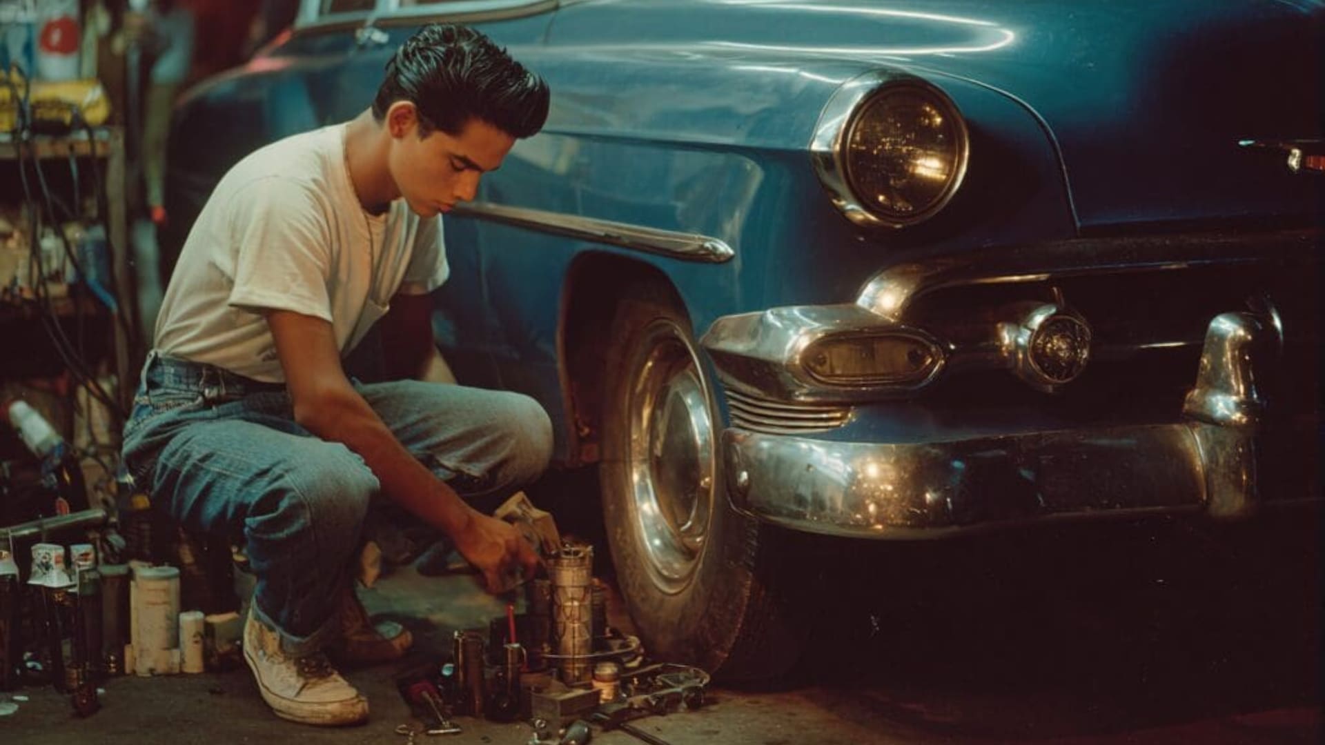 Man working on vintage blue car.